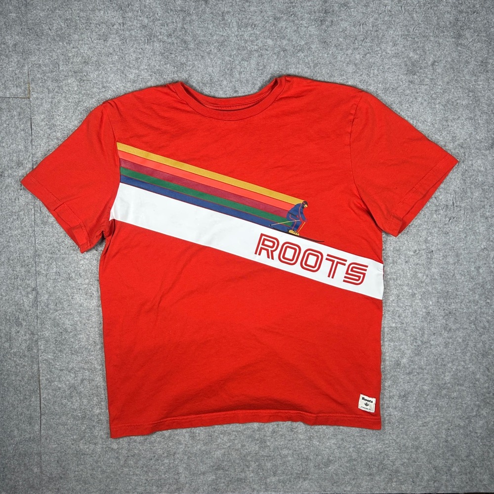 Roots T-Shirt Men Large Red Skier Graphic Retro Stripe Cotton Short Sleeve Tee